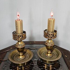 Vintage Brass Candlestick Table Lamps - Set of 2